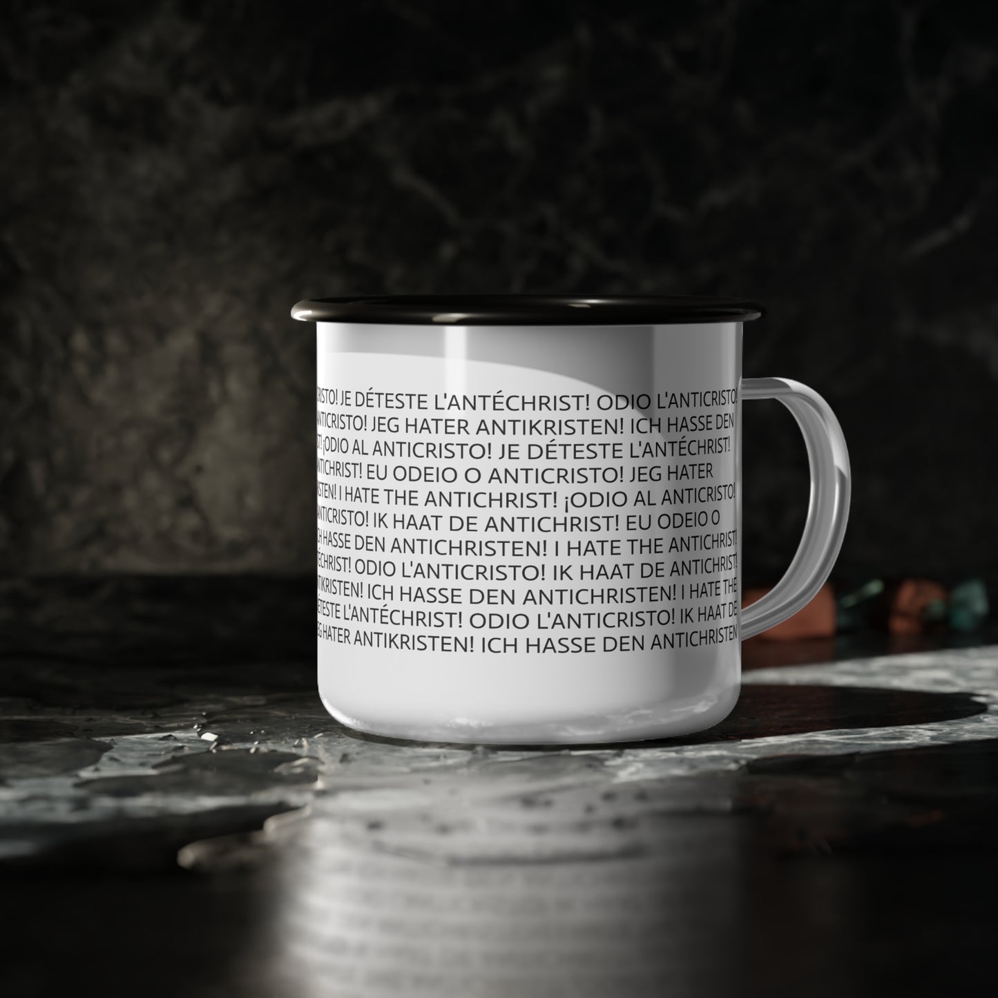 12oz enameled steel mug - I HATE THE ANTICHRIST! - European languages